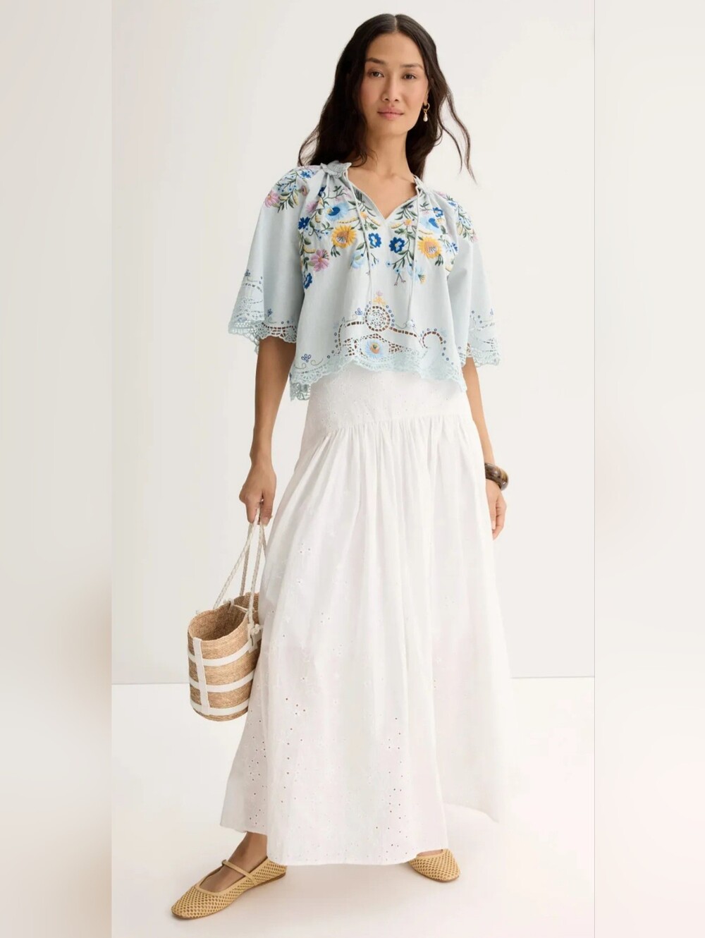 Sea Celia Short-Sleeve Embroidered Top Size M Cotton/Linen